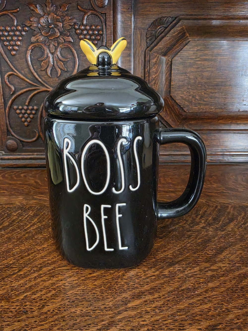 Rae Dunn Black Ceramic "BOSS BEE" Lidded Mug with Yellow Bee Accent